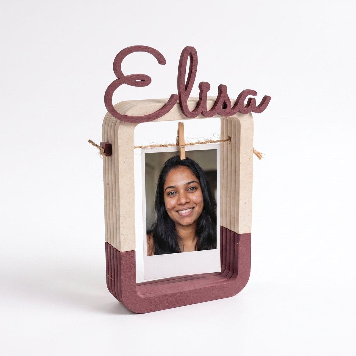 Personalised hanging photo frame with a name shaped across the top