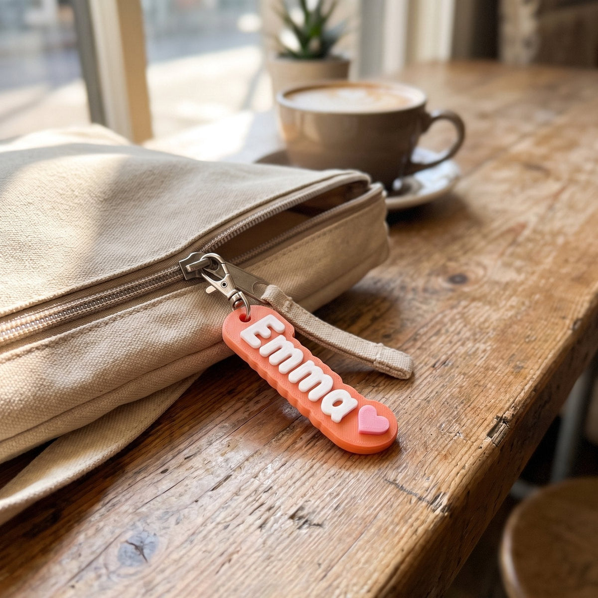 Personalised name keychain with a heart and metal clasp