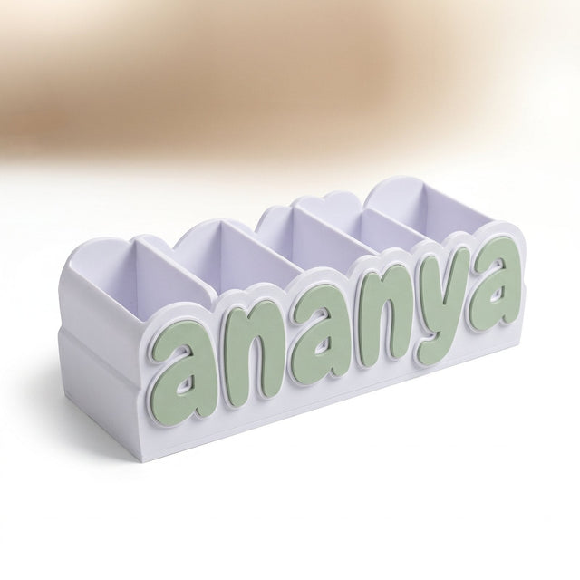 Personalised name pen holder on a styled desk