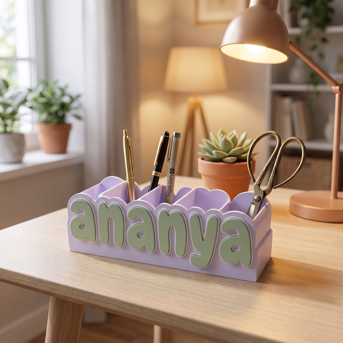 Personalised name pen holder on a styled desk