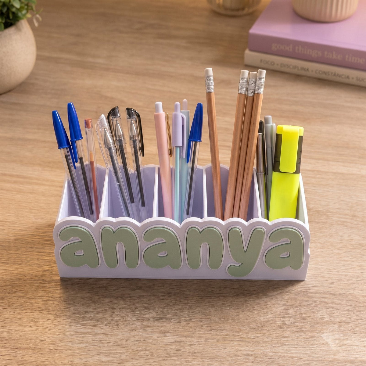 Personalised name pen holder on a styled desk
