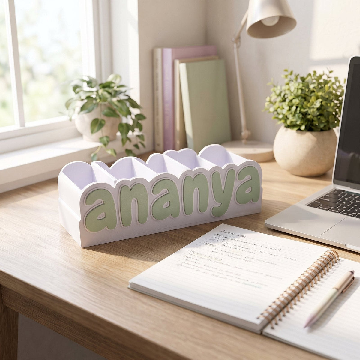 Personalised name pen holder on a styled desk