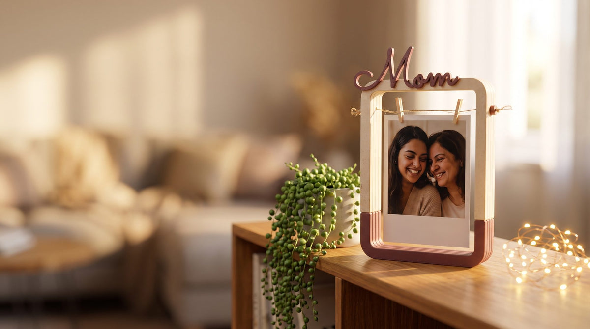 Personalized name photo frame with a mother-daughter photo, warm living room