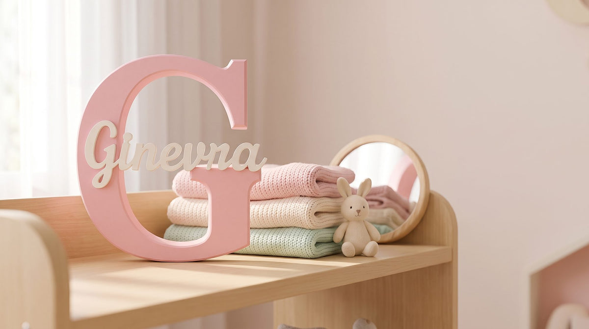 Personalized name letter decor on a soft nursery shelf